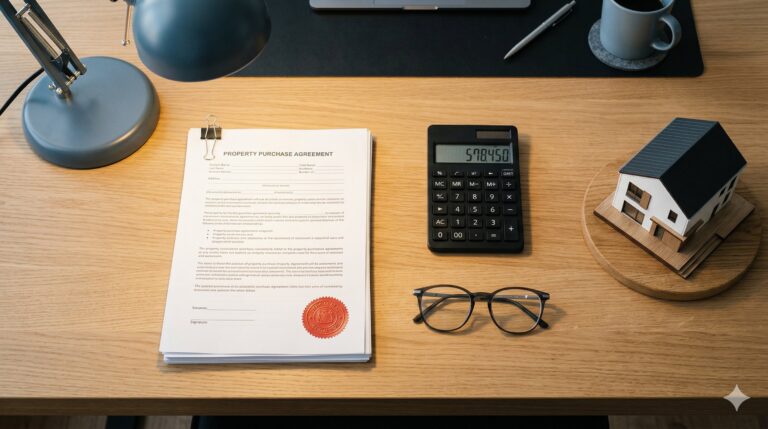 不動産鑑定の費用イメージ：デスクの上に鑑定評価書類、電卓、メガネ、家の模型が並んだ俯瞰写真