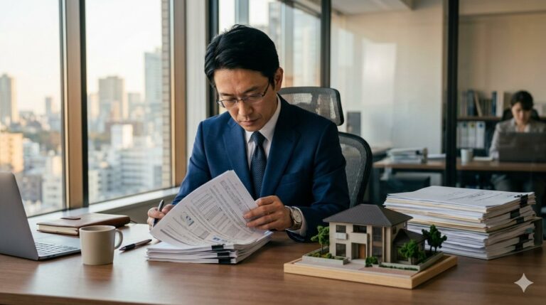 不動産鑑定士がオフィスで書類を確認している様子