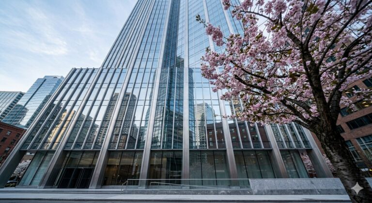 ガラスファサードの金融機関ビルと桜の木