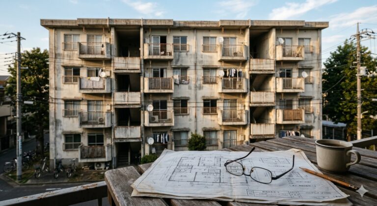 築古マンション（団地）の前に置かれた図面と眼鏡 - マンション建替え・敷地売却と不動産鑑定評価