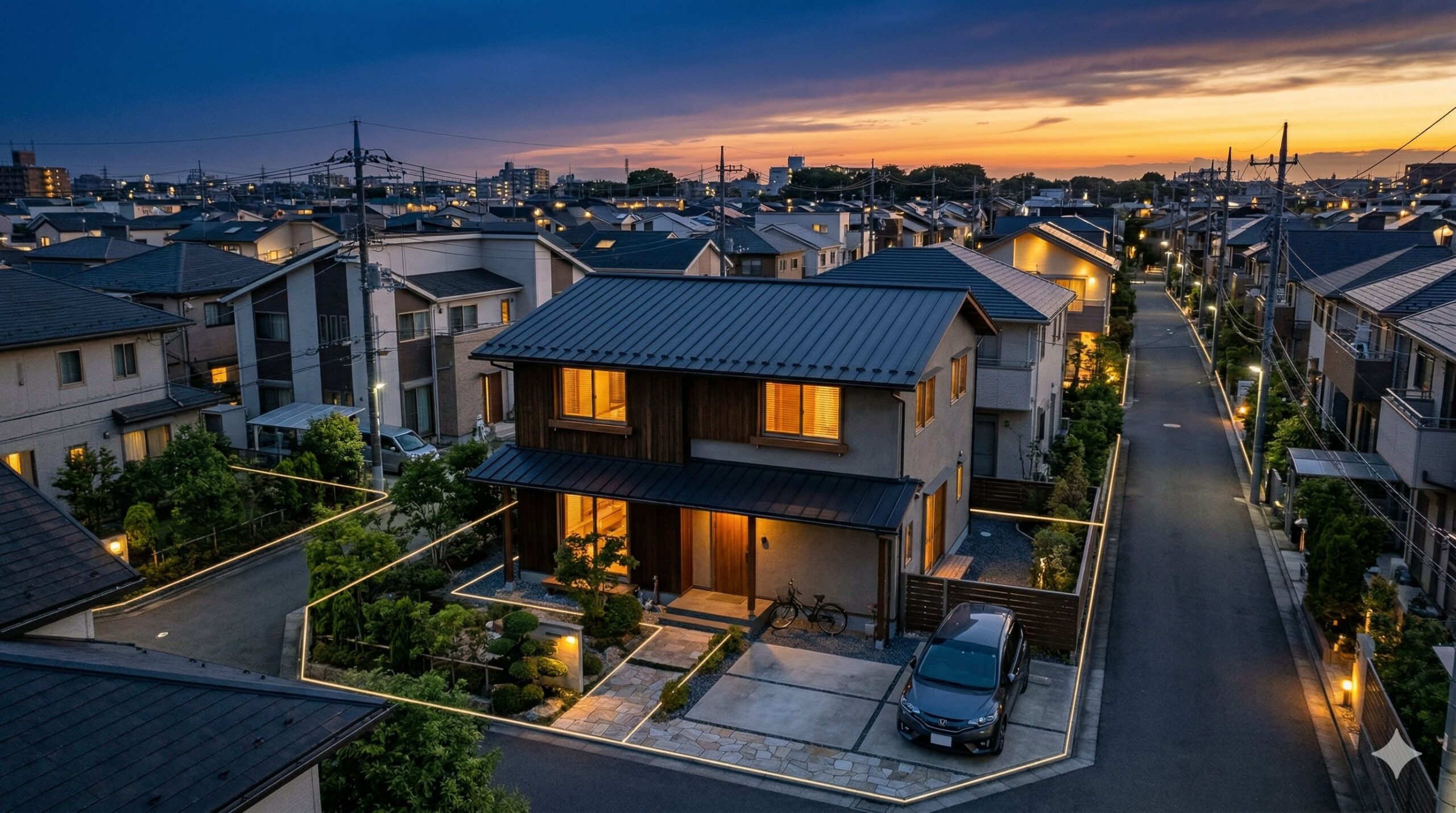 夕暮れの日本の住宅街を俯瞰したイメージ。共有名義の不動産における敷地境界と所有権の分割を暗示する構図