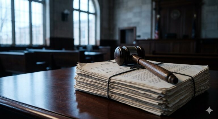 裁判所の法廷にあるガベル（木槌）と鑑定評価書類