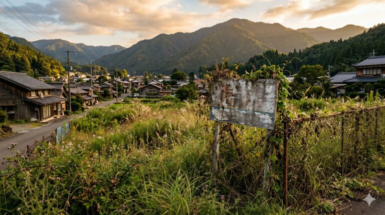 日本の田舎の空き地。草に覆われた売地看板と山並みの夕景