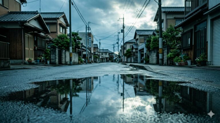 ハザードマップと不動産価値 雨上がりの住宅街に広がる水たまり