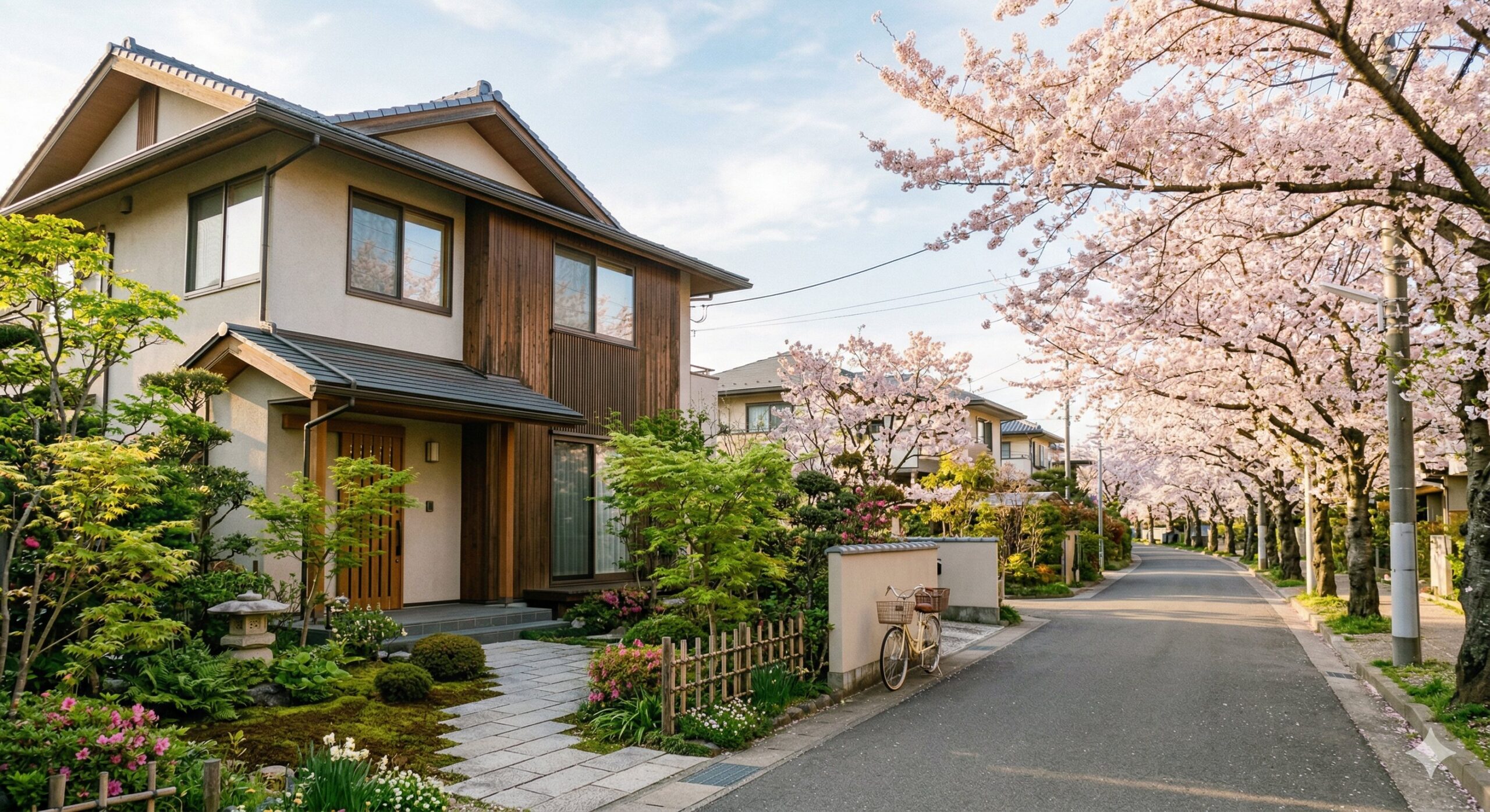 桜並木のある日本の住宅街と戸建て住宅
