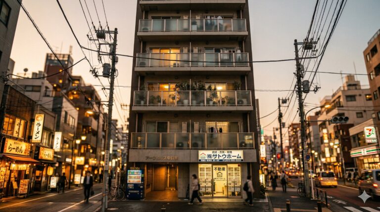 夕暮れ時の日本の都市に建つ投資用マンション