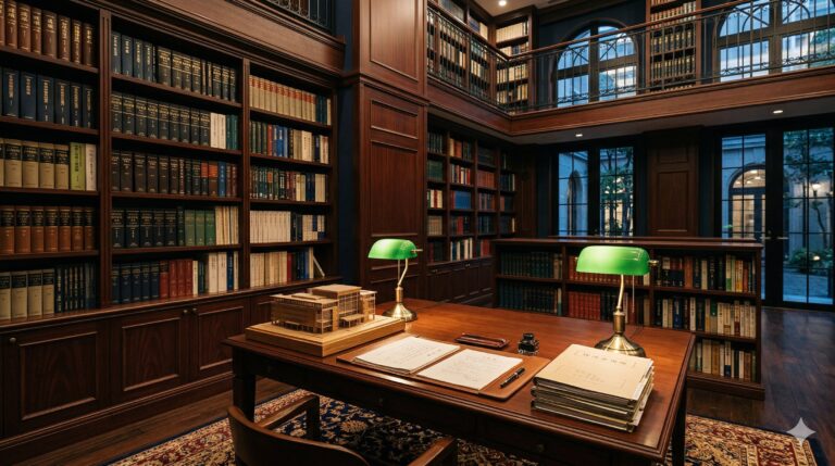 重厚な法律図書館の書斎。マホガニーの本棚に法律書が並び、グリーンのバンカーズランプが照らすデスクに法律文書が置かれたイメージ