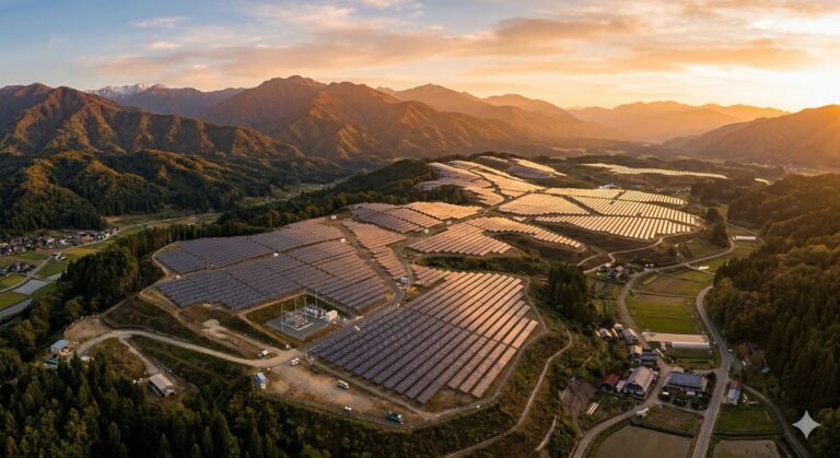 山間部に広がる大規模太陽光発電所（メガソーラー）の空撮写真