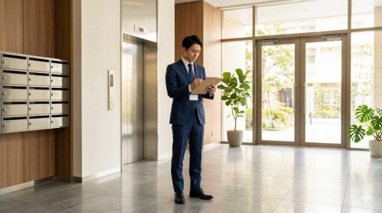 中古マンションのエントランスで共用部分を確認する不動産鑑定士