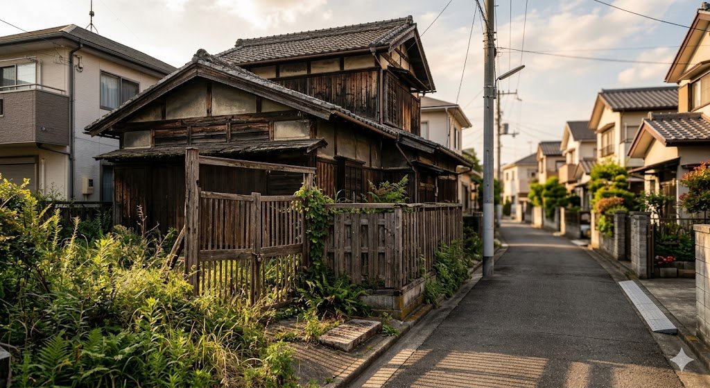 都市部の住宅街に佇む古い木造の空き家。雑草が茂り、放置された状態の建物と路地の風景。
