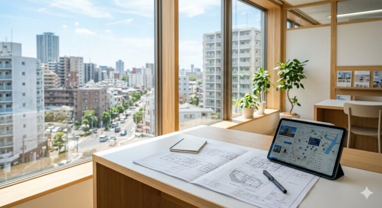 不動産仲介会社のオフィスと図面のイメージ