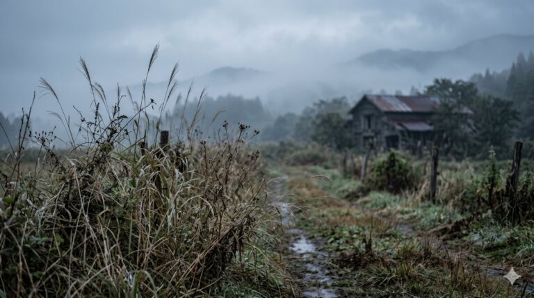 地方の荒廃した耕作放棄地。枯れ草が生い茂る農道と霧に包まれた廃屋。負動産を相続した際の判断基準を解説する記事のアイキャッチ画像。