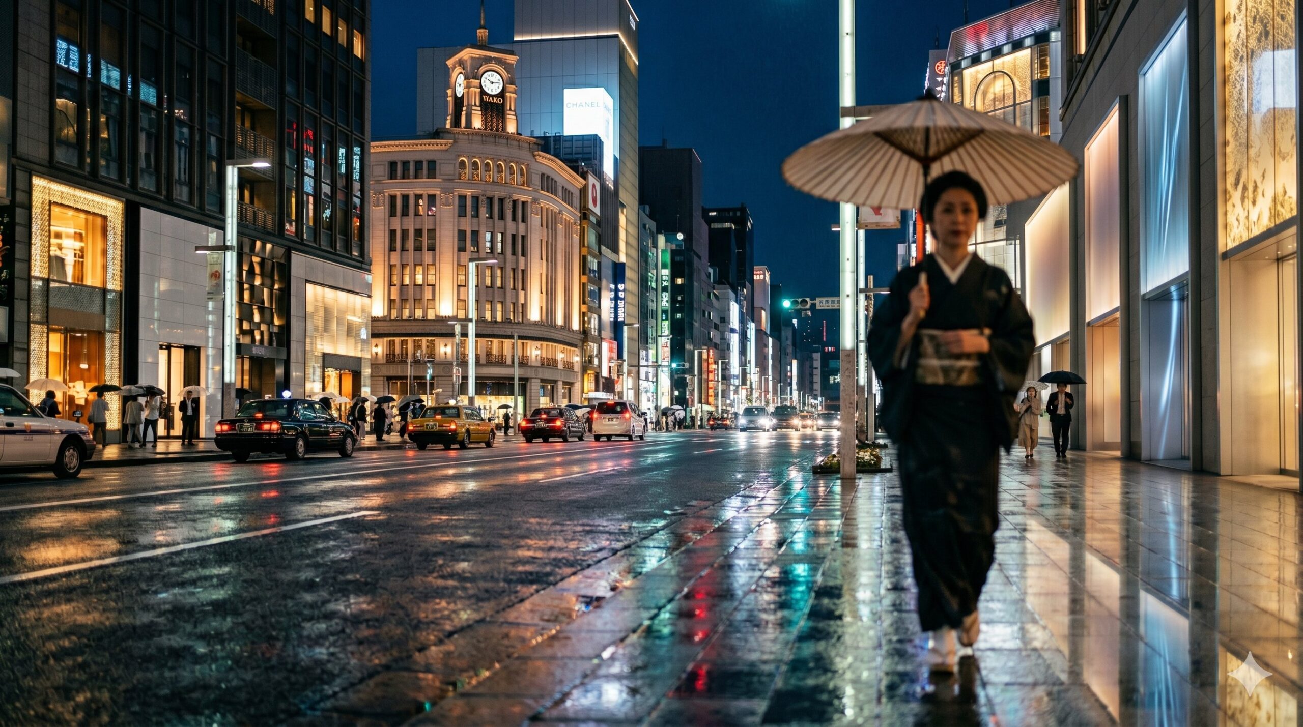 雨上がりの銀座中央通りの夜景。和光時計塔が中央左奥に見え、和装の女性が右手で傘を持って歩く。都心3区の最高価格帯の商業地を象徴する構図
