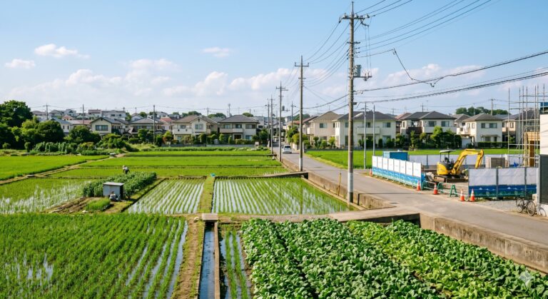 農地転用と開発許可エリアの境界―水田と住宅開発が隣接する日本の郊外風景