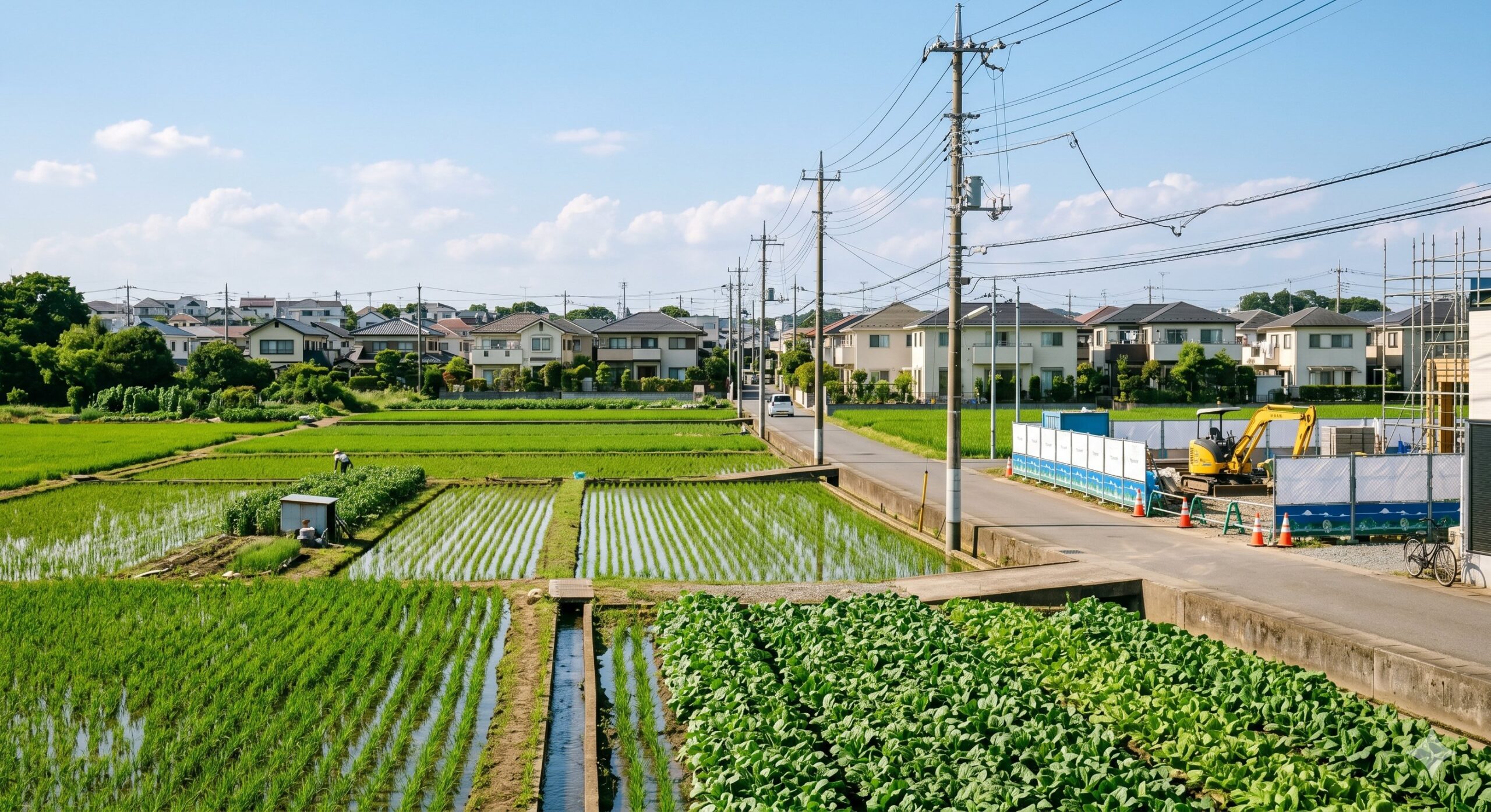 農地転用と開発許可エリアの境界―水田と住宅開発が隣接する日本の郊外風景