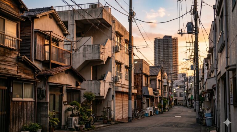 夕景の東京下町の住宅街と遠景に見える再開発のタワーマンション