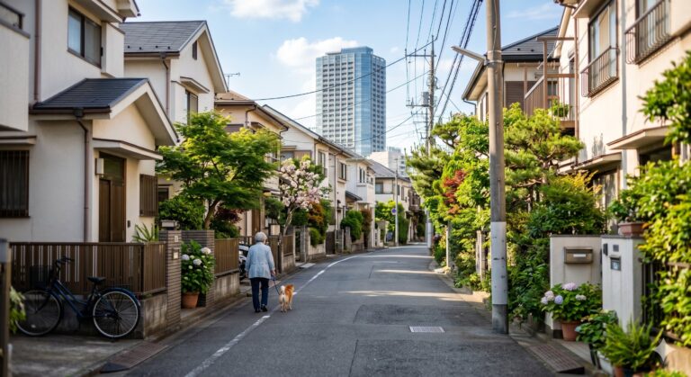 城西3区(中野区・杉並区・練馬区)の住宅街と遠景の高層ビル