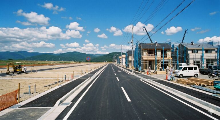 区画整理事業の新設道路と宅地造成の現場。換地・減歩のイメージ写真。