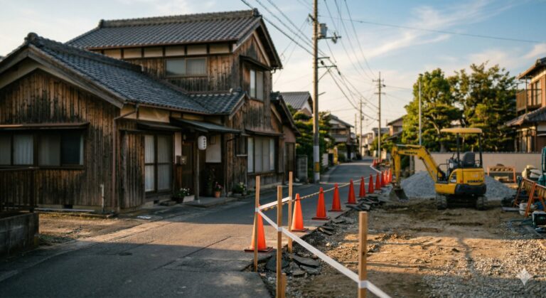 日本の住宅街で道路拡幅工事が行われている風景。オレンジのコーンと境界杭が工事区域を示し、隣接する木造住宅との対比が土地収用・公共用地取得のイメージを表現している。