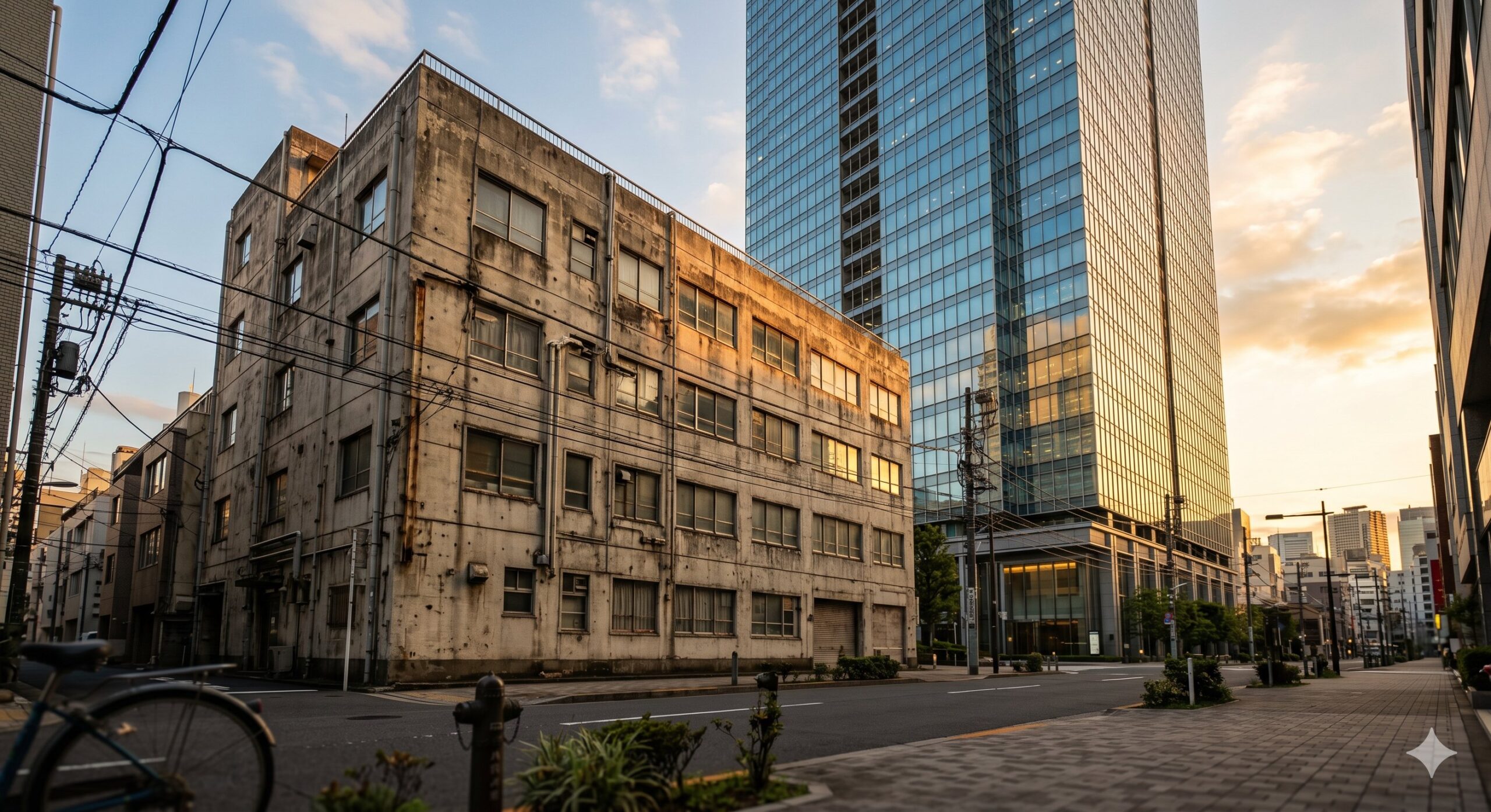 築古オフィスビルと近代的なガラス張りの高層ビルが並ぶ東京の街角(ゴールデンアワー)