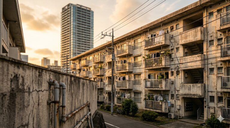 旧耐震基準の団地マンション外観と背景のタワーマンション。旧耐震マンションの資産価値と耐震補強をイメージした写真。