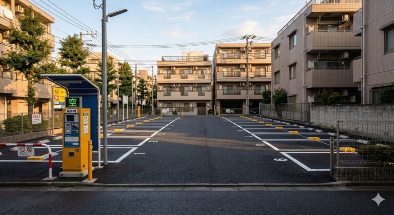 都市部のコインパーキングと周辺のマンション