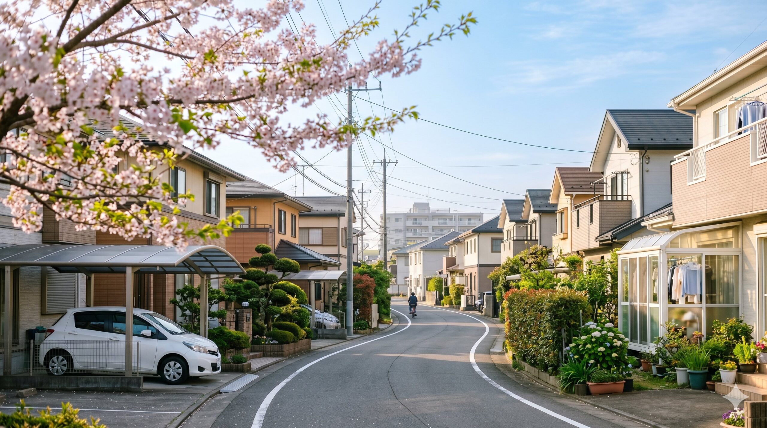 桜並木の郊外住宅街の朝。ストリートレベルから見た千葉県流山市あたりの新興住宅地のイメージで、二拠点居住・サテライトオフィス需要を象徴する構図。
