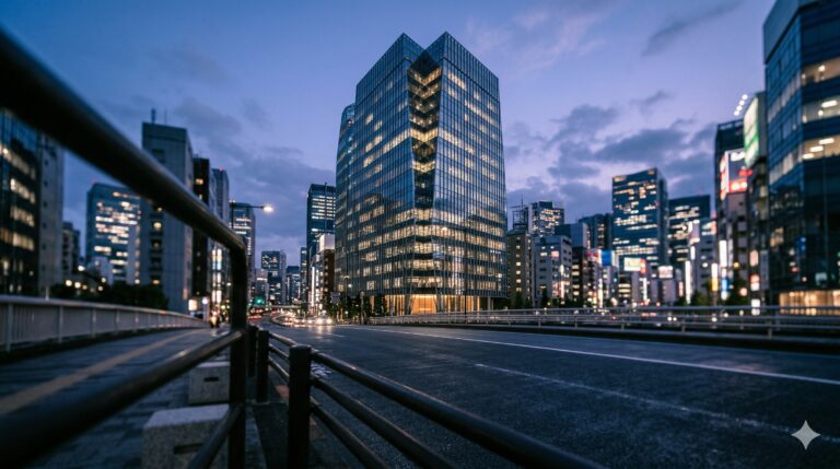 夕暮れ時の東京商業地区のガラスファサードビル群。不動産証券化と鑑定評価をイメージした都市風景。