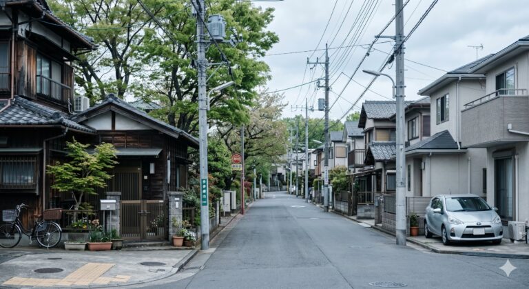 東京多摩エリアの住宅街 ― 伝統的な木造家屋と現代の住宅が混在する静かな路地