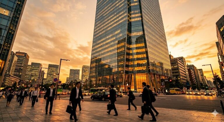 東京金融街のガラスビルとゴールデンアワー — 不動産信託受益権の鑑定評価