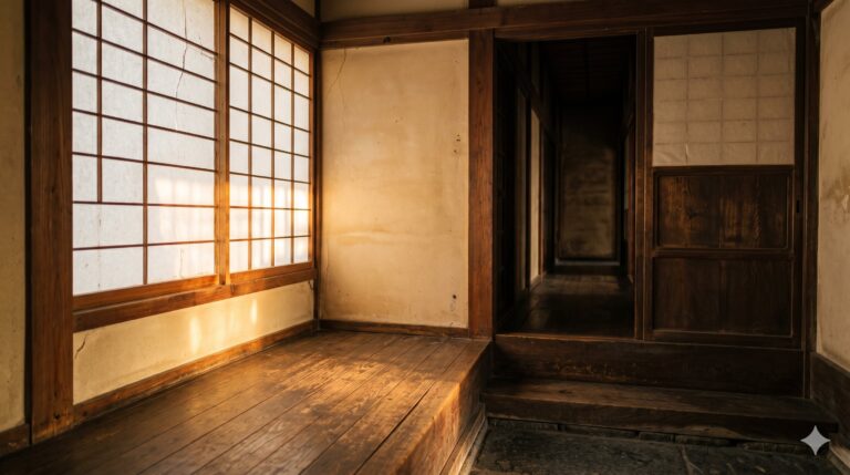 築年数の経過した和風木造住宅の室内。障子窓から差す夕陽と経年した木床