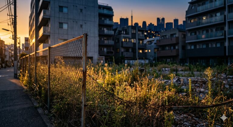 東京都内の遊休地（空き地）と周辺のビル群・夕暮れの風景