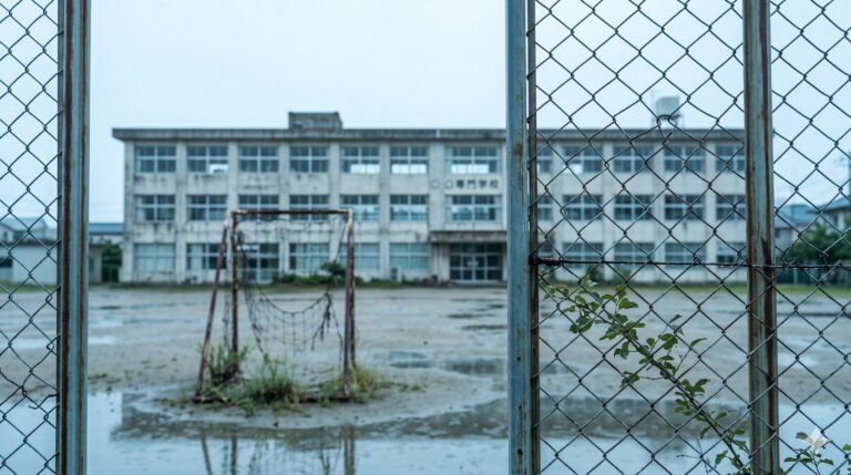 フェンス越しに見える閉鎖された日本の専門学校RC造校舎と雨上がりのバスケットゴール