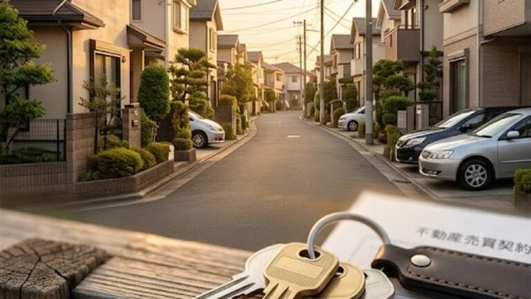 日本の郊外住宅街と家の鍵束・不動産売買契約書のクローズアップ