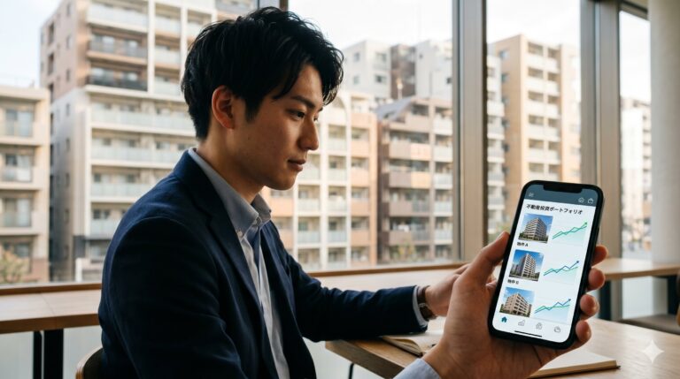 不動産特定共同事業（FTKスキーム）クラウドファンディング型不動産投資のイメージ。スマートフォンで不動産投資ポートフォリオを確認するビジネスパーソン