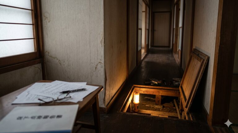 薄暗い和風住宅の廊下に開いた床下点検口と契約書類が置かれたテーブル