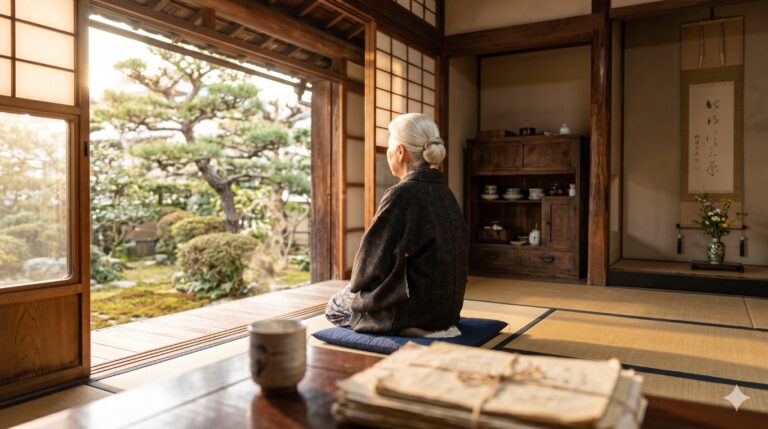 昭和レトロな日本家屋の和室で、温かい朝の光が差し込む縁側から庭を見つめる高齢女性の後ろ姿。配偶者の住居確保を象徴する構図。