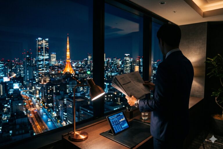 夜の高層オフィスから東京都心の夜景を背景に、不動産専門家が重要事項説明書を精査するシルエット。資産価値リスクの精査を象徴する構図。
