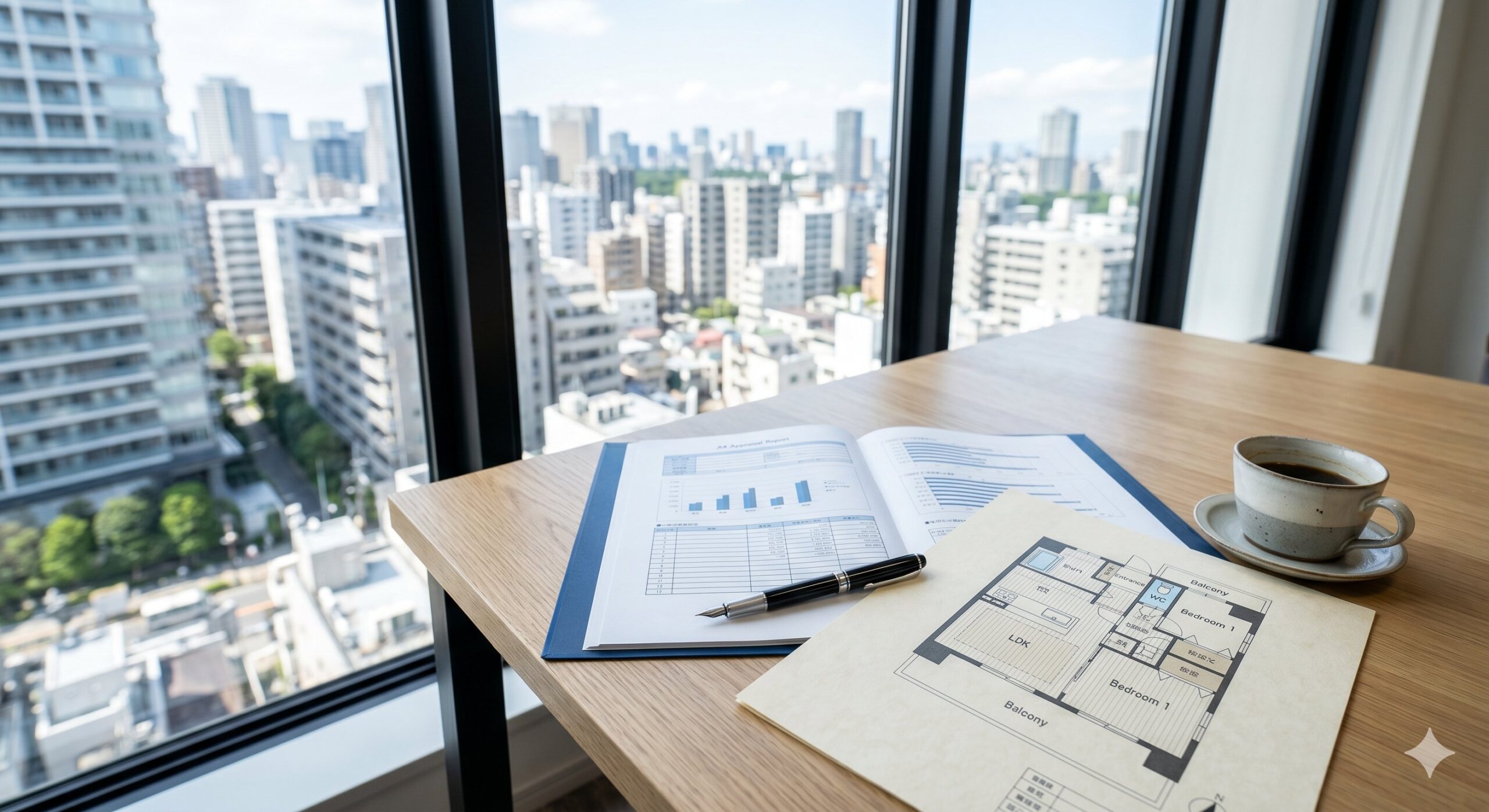 マンション売却に伴う不動産鑑定評価のイメージ。窓辺の机に鑑定評価書バインダーと間取り図