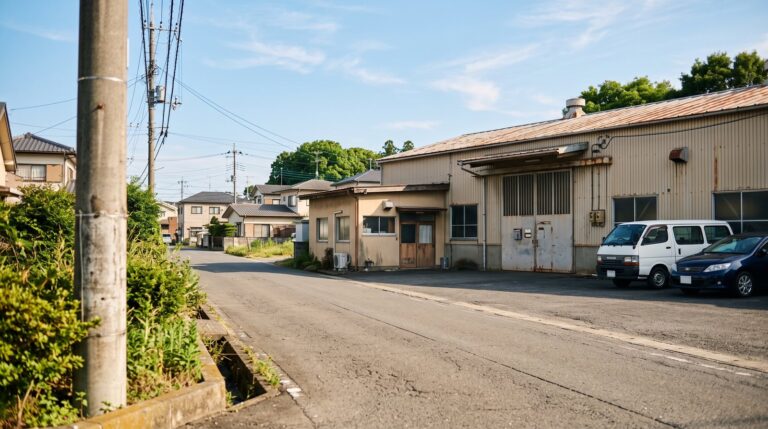晴れた朝の郊外の道路沿いに建つ町工場と隣接する事務所