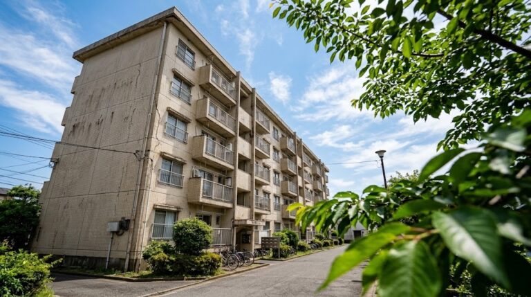 青空を背景にローアングルで見上げた高経年マンション