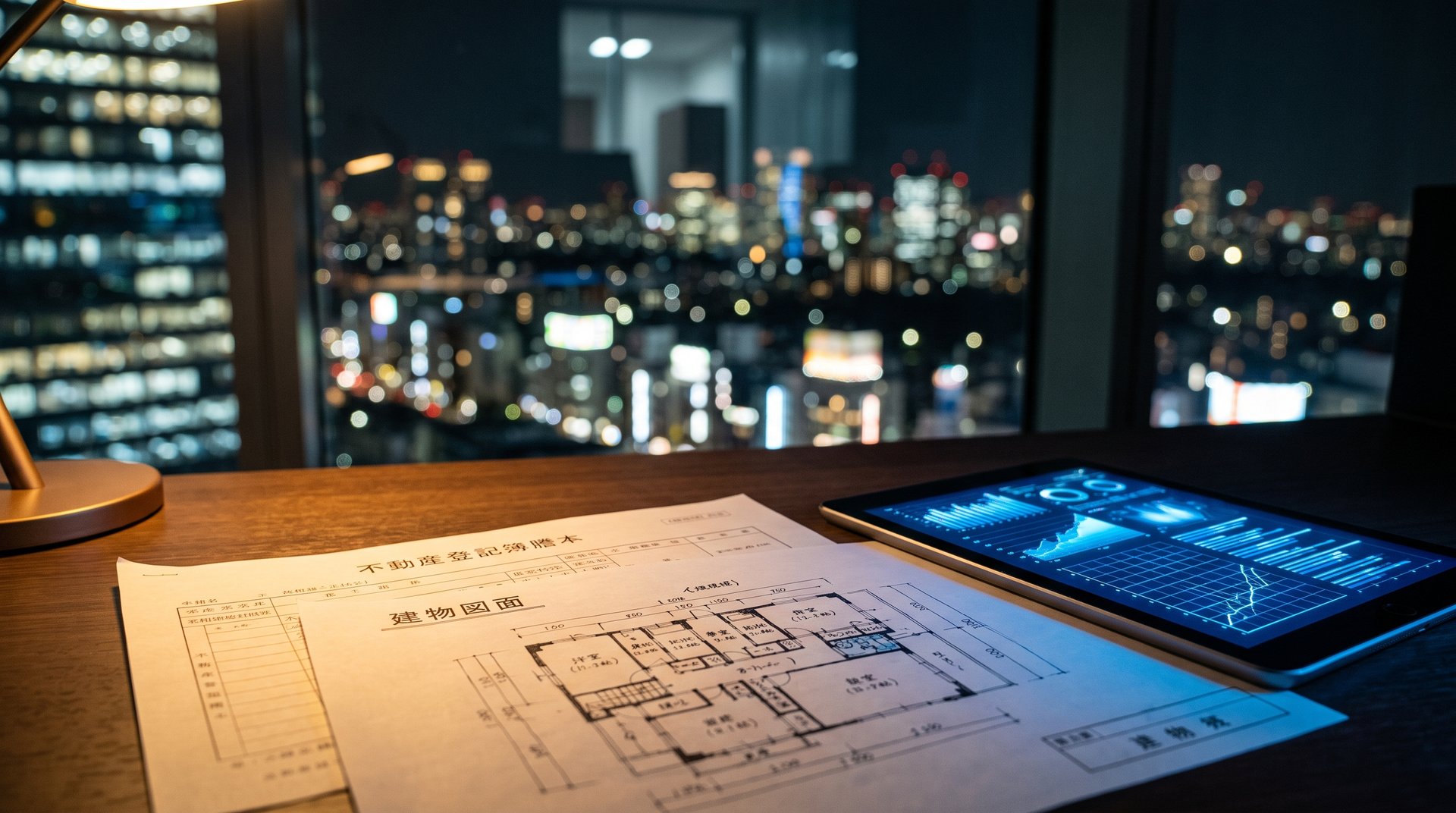 夜のオフィスのデスクに広げられた不動産登記簿謄本と建物図面、その隣でデータ分析画面を表示するタブレット端末、窓の外には東京の夜景