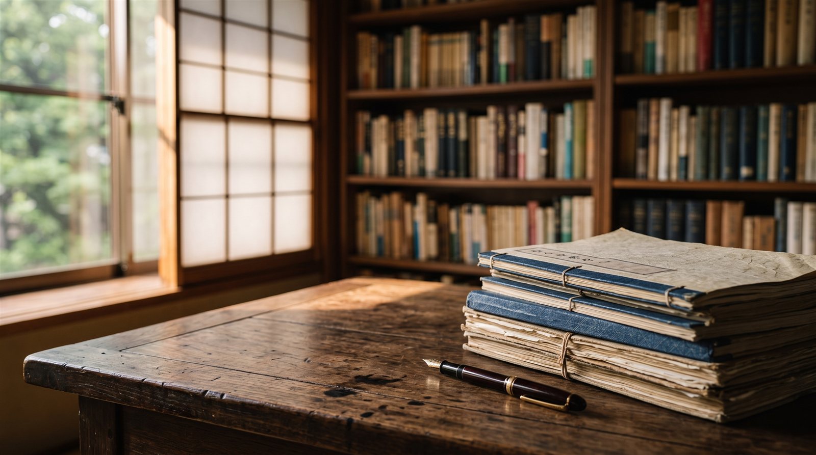 書斎の机に置かれた資料の束と万年筆