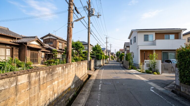 古いブロック塀と後退して建つ新築住宅が対比する日本の住宅街の狭い道路