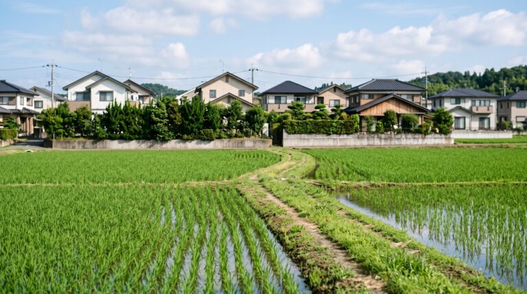 手前に青々とした水田と畦道、生垣と低い擁壁を境に奥へ屋根形状の異なる戸建て住宅が並ぶ日本の郊外の風景