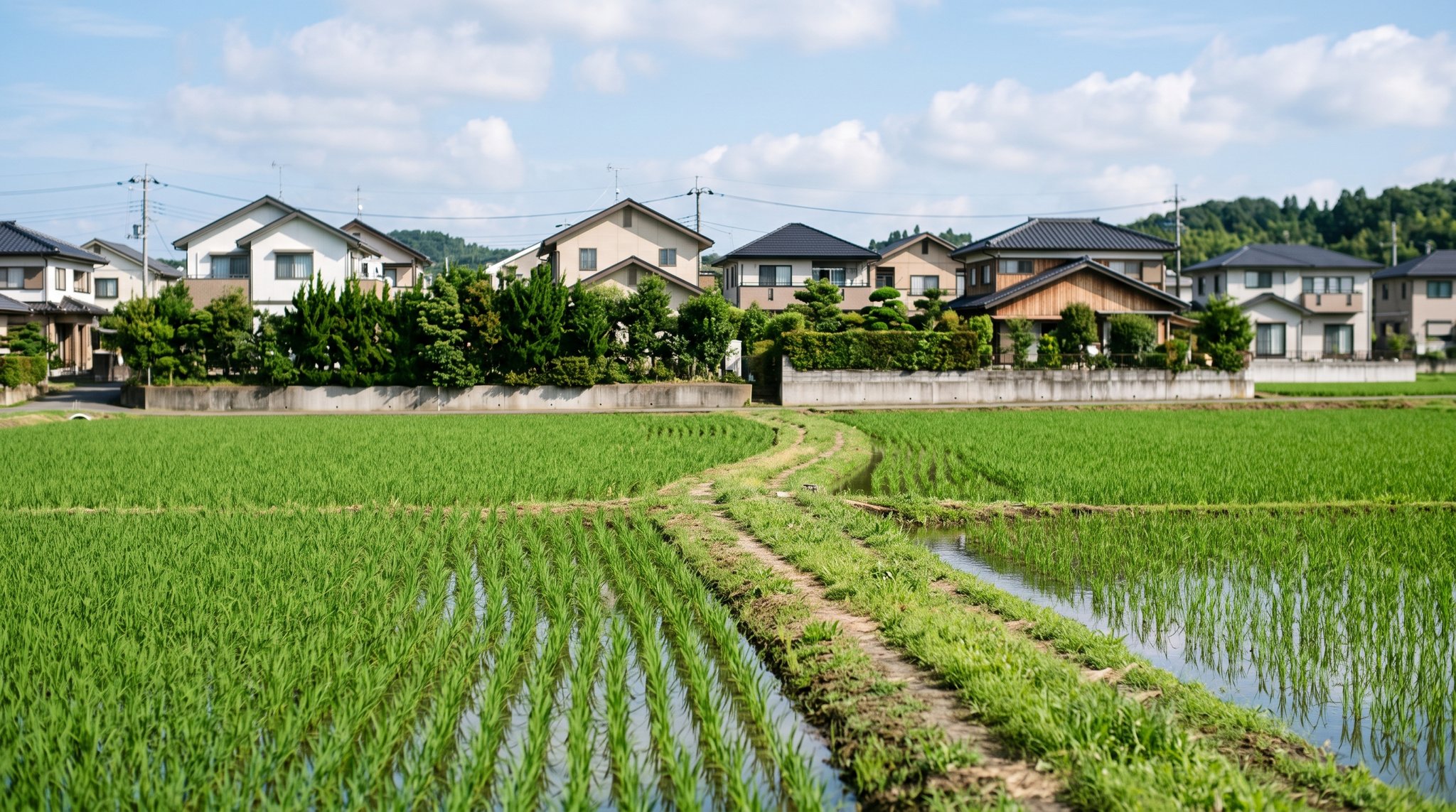 手前に青々とした水田と畦道、生垣と低い擁壁を境に奥へ屋根形状の異なる戸建て住宅が並ぶ日本の郊外の風景