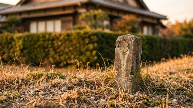 夕日を浴びた住宅地の角に立つコンクリート製の境界標