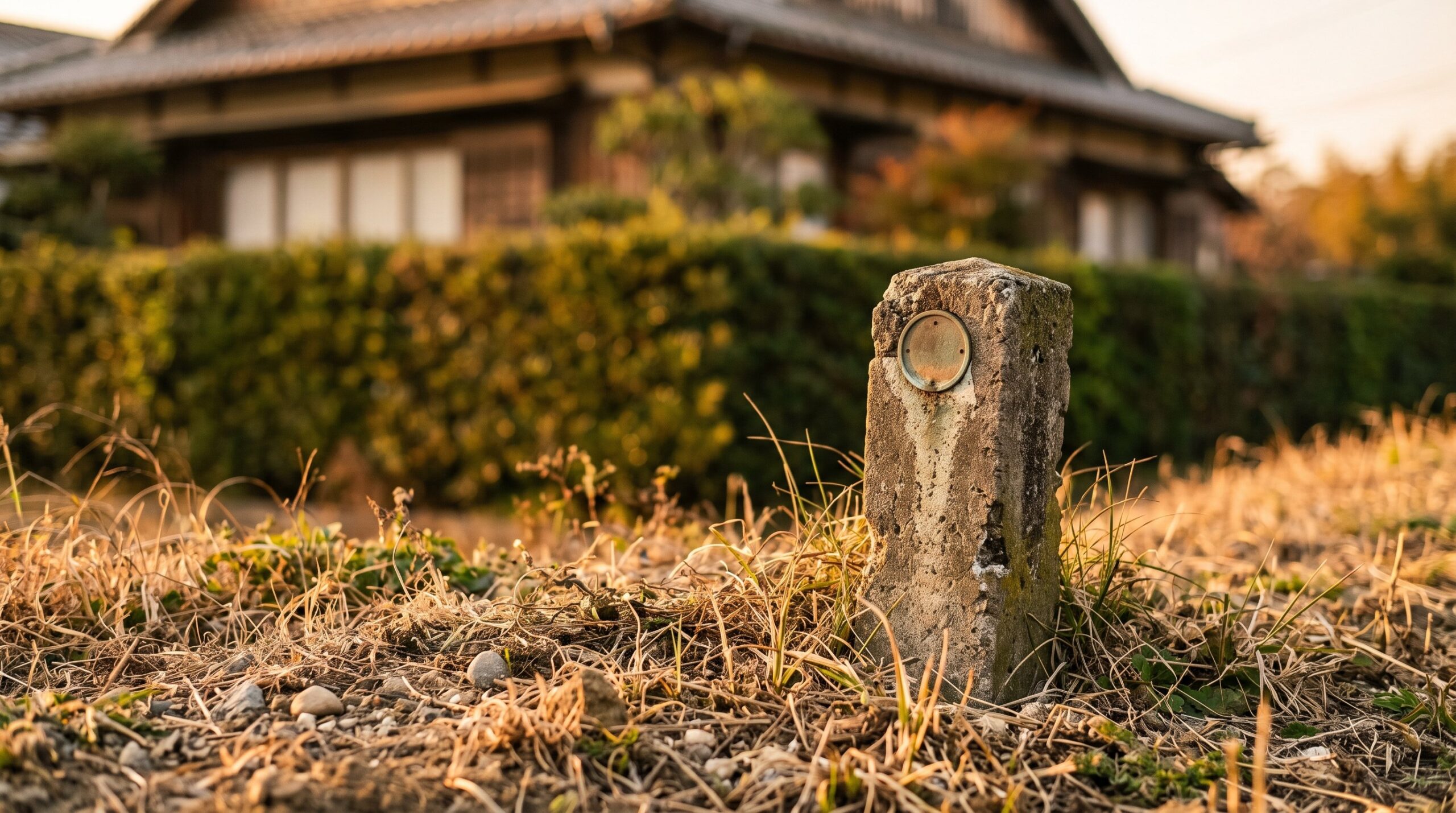 夕日を浴びた住宅地の角に立つコンクリート製の境界標