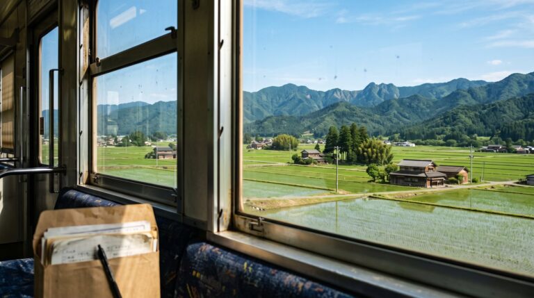 地方路線の車窓から見た日本の田園風景。水田と山並み、座席には書類の入った封筒