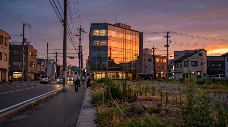 夕暮れの日本の街角。手前の更地の奥に、夕日を映して輝くガラス張りのオフィスビル